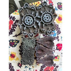 Vintage Hand Carved Wooden Textile Printing Blocks Set of 3 Floral Botanical